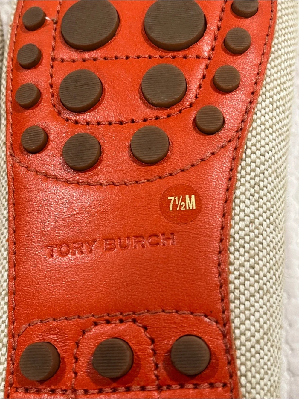 Tory‎ Burch Casey loafers featuring beige canvas with orange leather trim 7.5